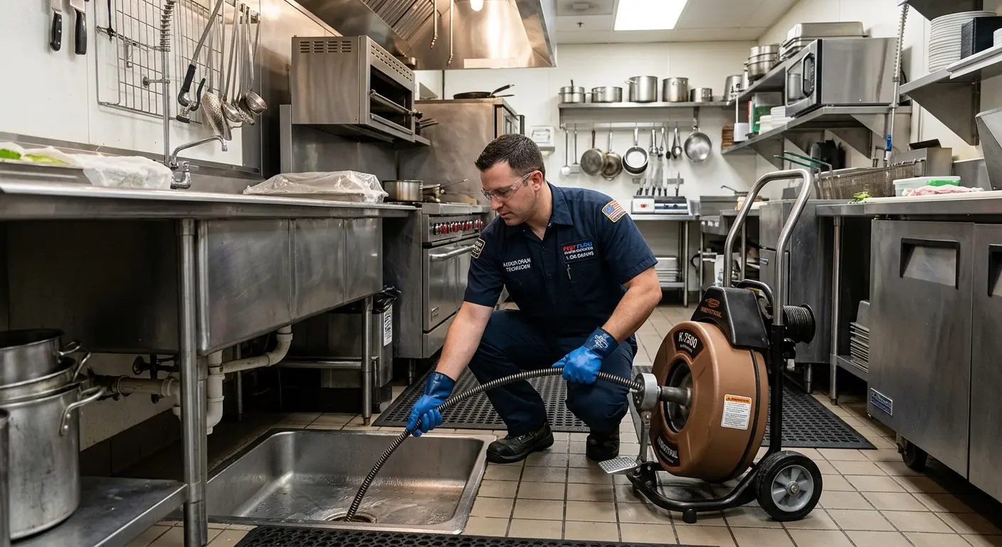 Commercial drain cleaning service in a restaurant kitchen in Norwood
