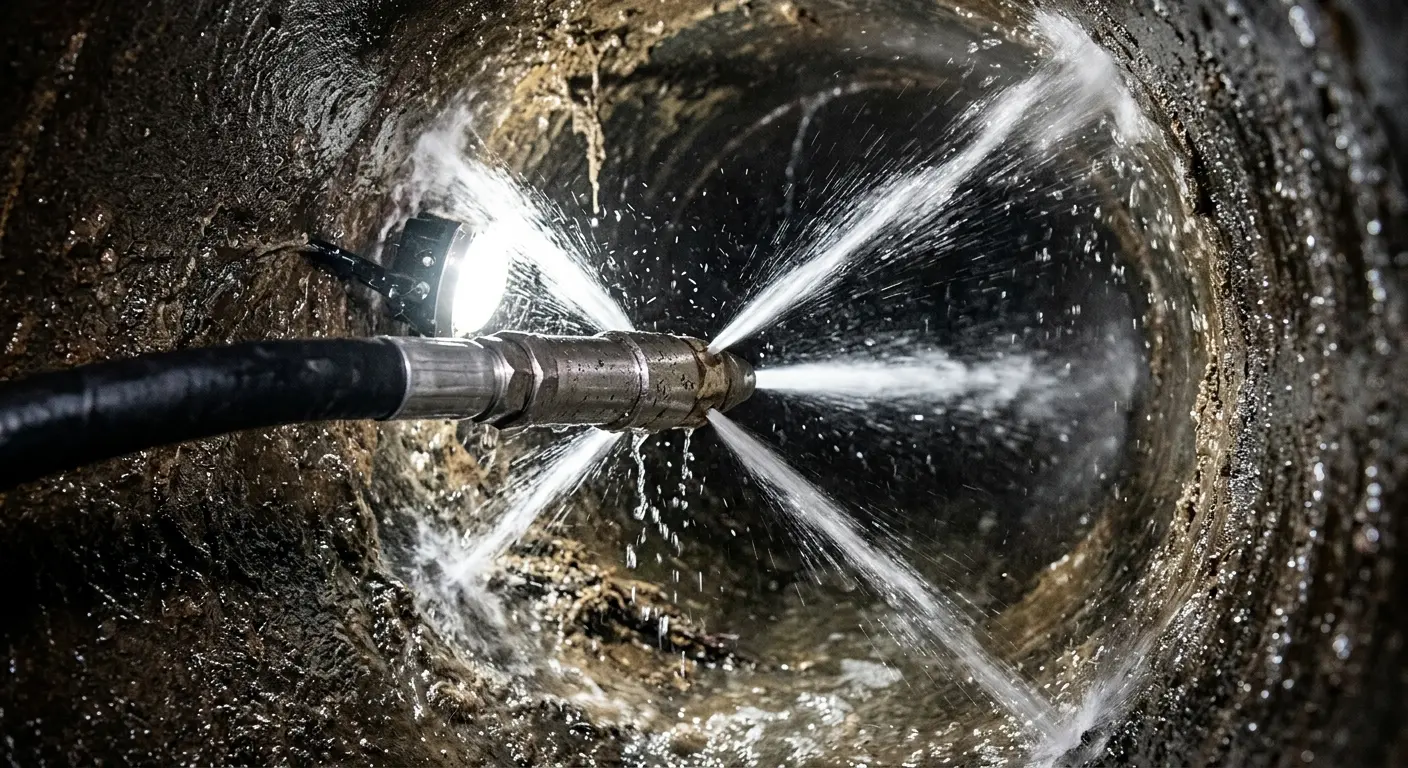 High-pressure hydro jetting nozzle cleaning sewer pipe for Trenchless Sewer Repair in Norwood