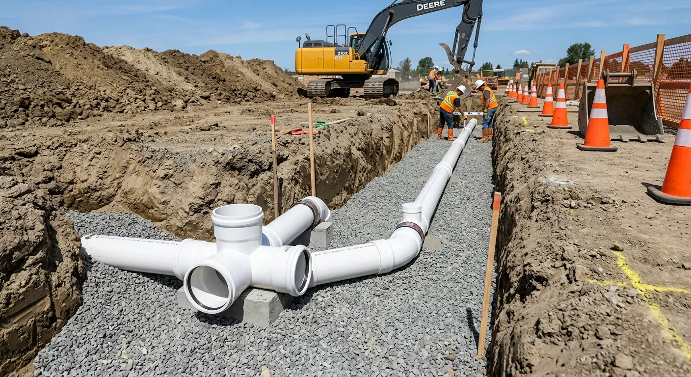 New PVC sewer pipe installation in open trench for Sewer Backup in Norwood
