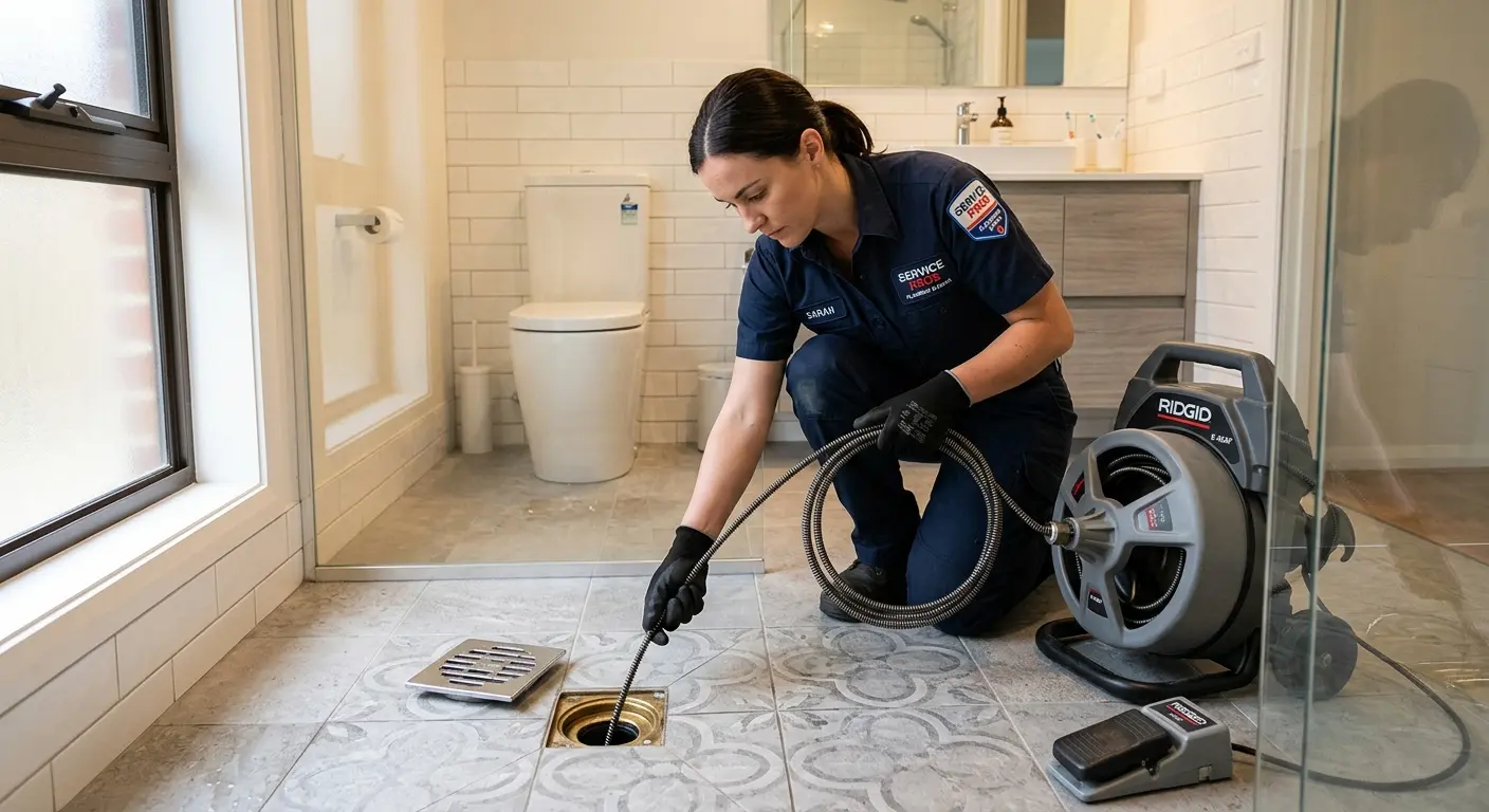 Technician clearing a bathroom floor drain for Drain Cleaning in Norwood
